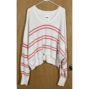 Aerie Women's 2X Oversized Striped Sweater White Pink Preppy Boxy Coastal Cotton